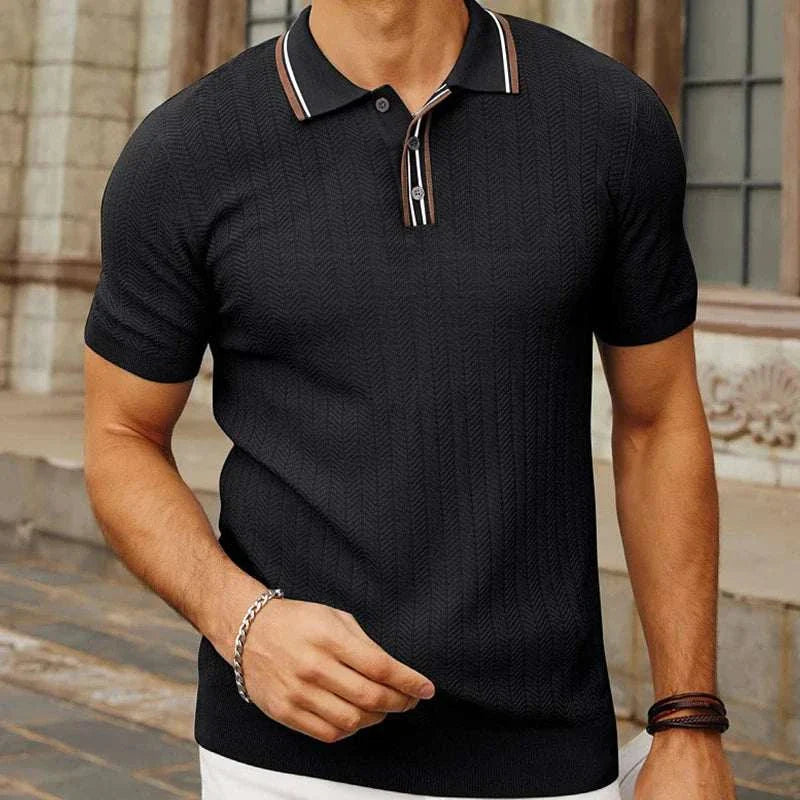 Men's summer knit regular polo t-shirt in black with stripes, casual style.
