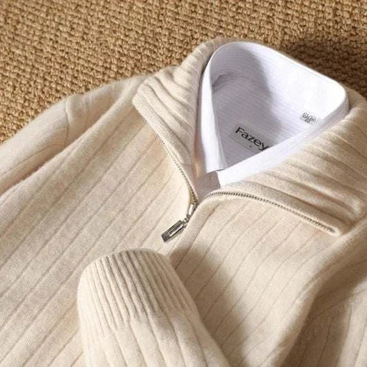 Antonios business casual cardigan made of 100% cotton placed on a woven surface.