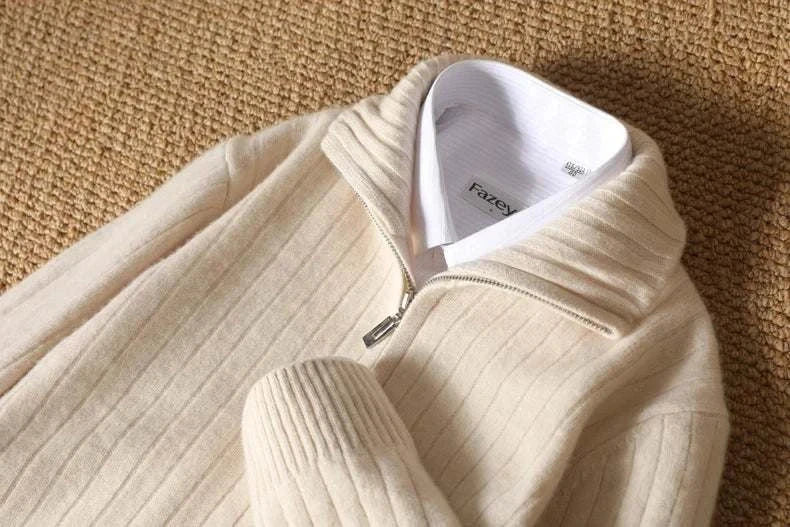 Antonios business casual cardigan made of 100% cotton placed on a woven surface.