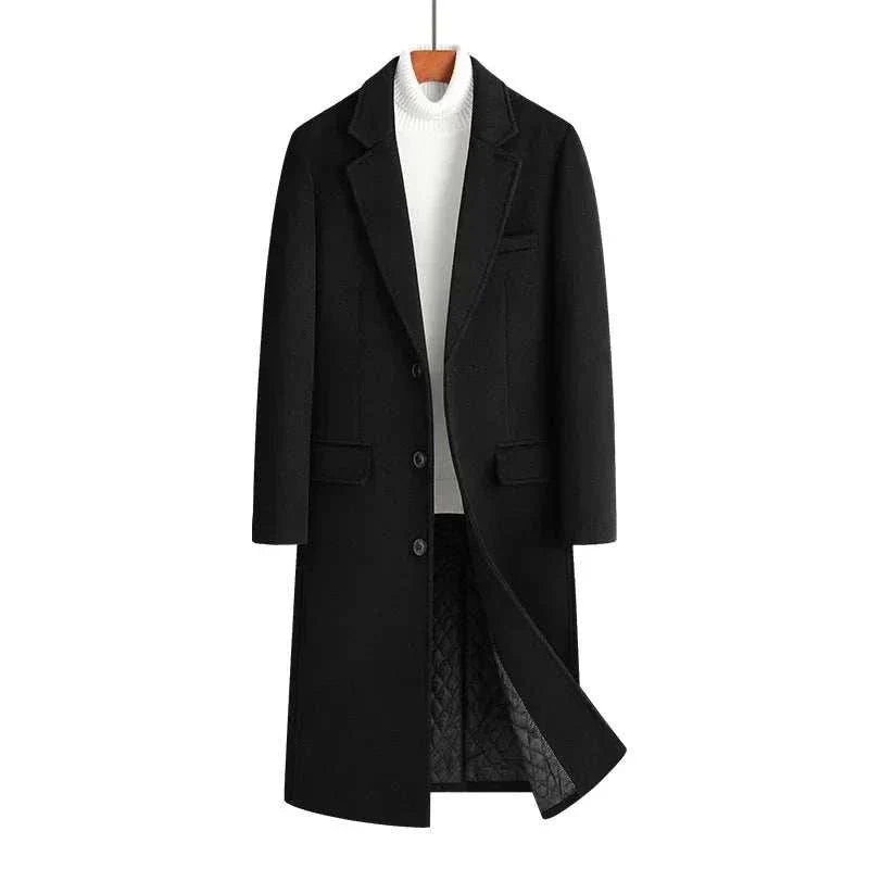 Wool elegant long coat for men in black, perfect for autumn and winter seasons.