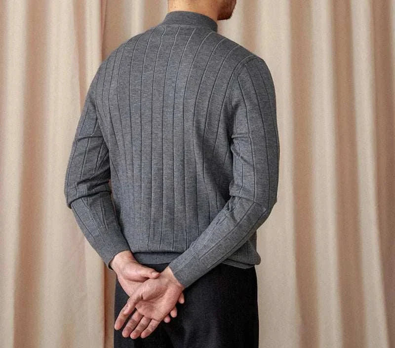 Men's grey autumn turtleneck premium sweater with ribbed design.