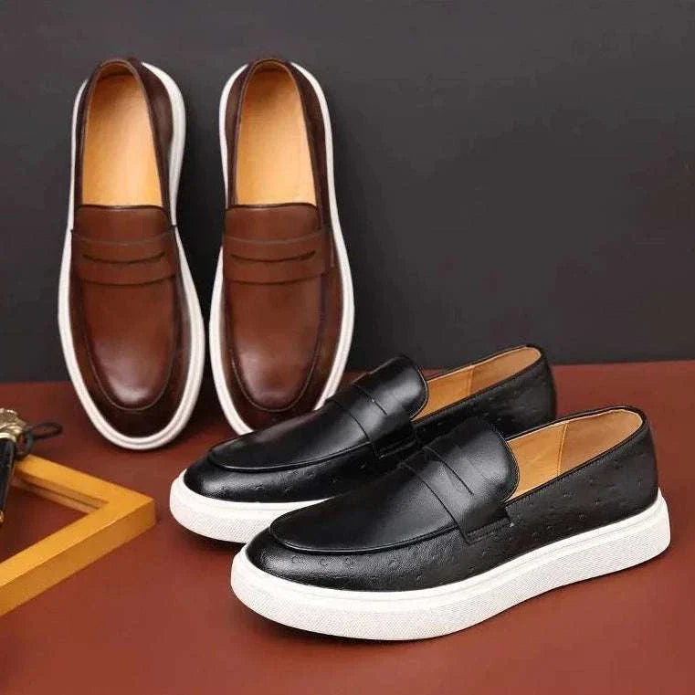 British style casual loafers in black and brown with cushioned insoles and elegant design.