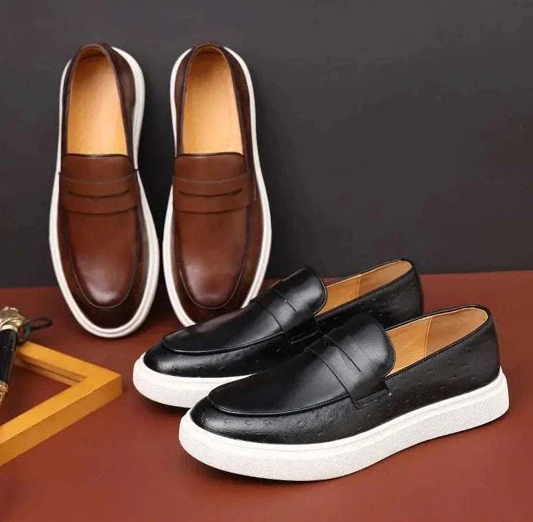 British style casual loafers in black and brown with cushioned insoles and elegant design.