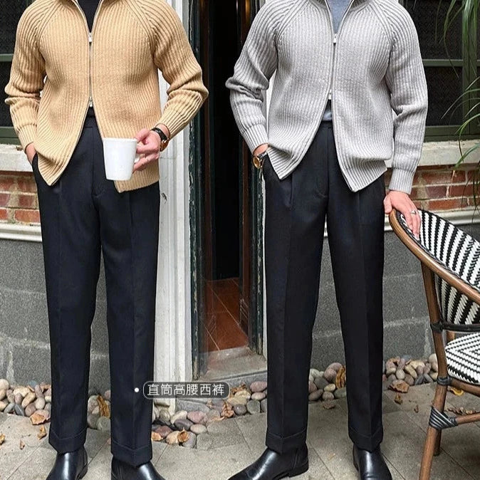 Men wearing retro cardigans in khaki and gray, perfect for casual or elegant style.