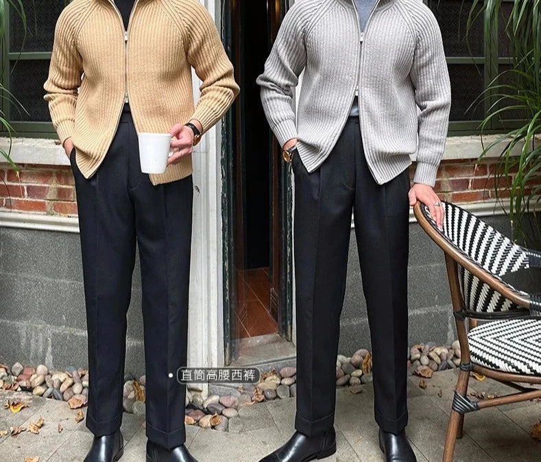 Men wearing retro cardigans in khaki and gray, perfect for casual or elegant style.