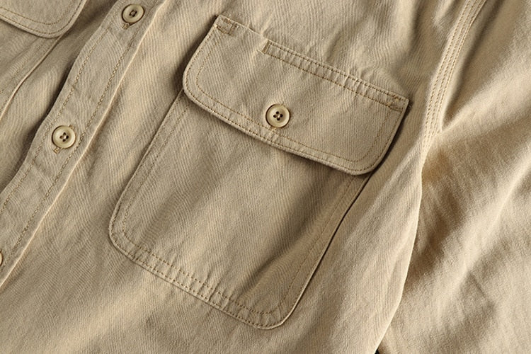 Close-up of a Vintage-Retro Cotton Shirt pocket showcasing button details.