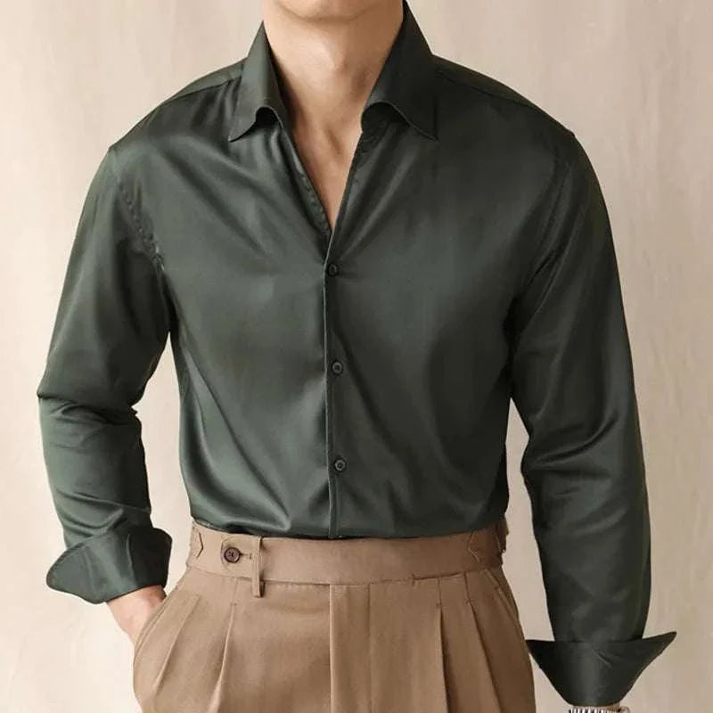 Men's business casual premium shirt in dark green, spring/summer style.