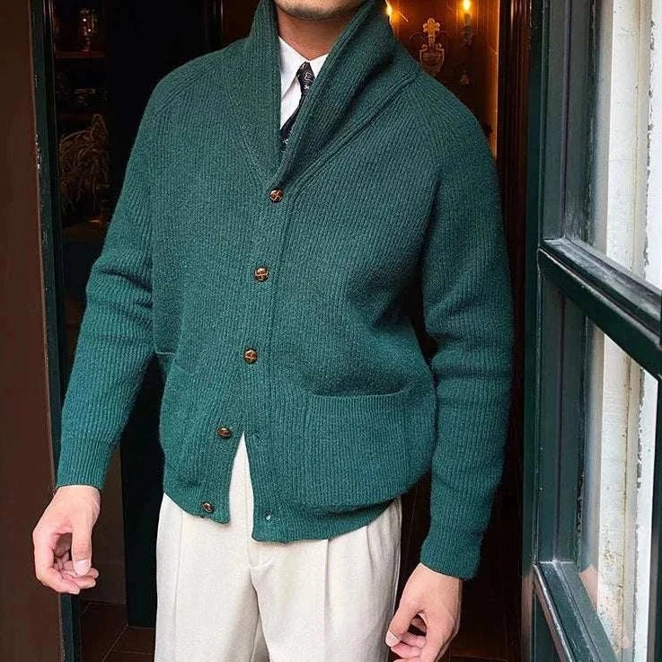 Oxford premium cardigan in dark green, buttoned front, men's fashion, lightweight and stylish.