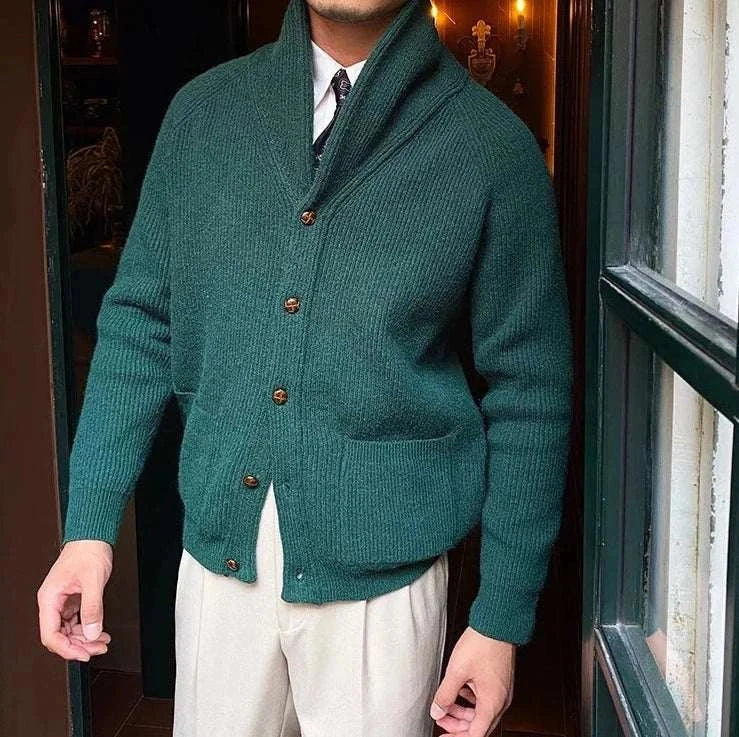 Oxford premium cardigan in dark green, buttoned front, men's fashion, lightweight and stylish.