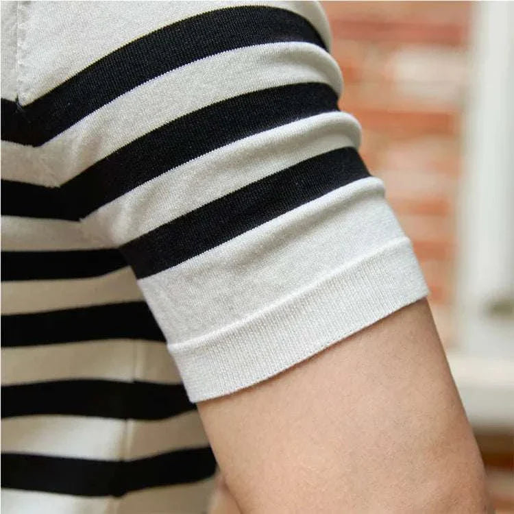 Striped office polo collar t-shirt in black and white.