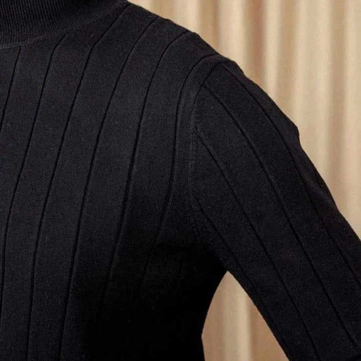 Black autumn turtleneck premium sweater with ribbed design for men.