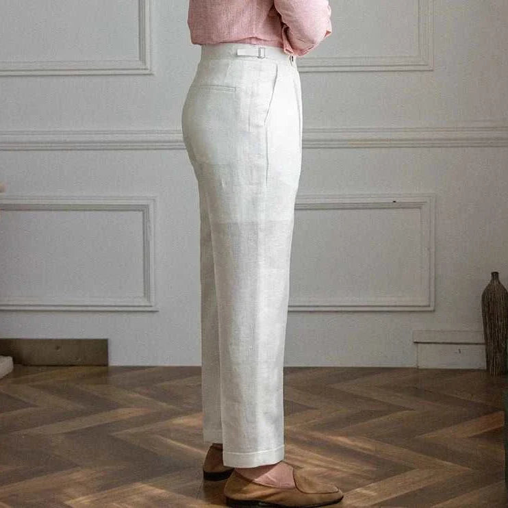 Lightweight Italian high-waist linen trousers for men, casual and elegant style.