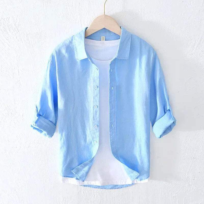 Italian pure linen long-sleeve shirt for men, casual elegant style.