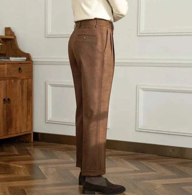 Straight high-waist casual trousers for men in brown, featuring a solid pattern and elegant style.