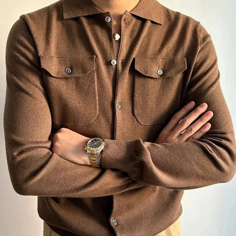 Fall season retro jacket with solid pattern and button-up design, ideal for cooler days.