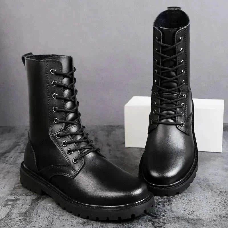 Genuine leather motorcycle boots with durable rubber soles, stylish and protective for riding.