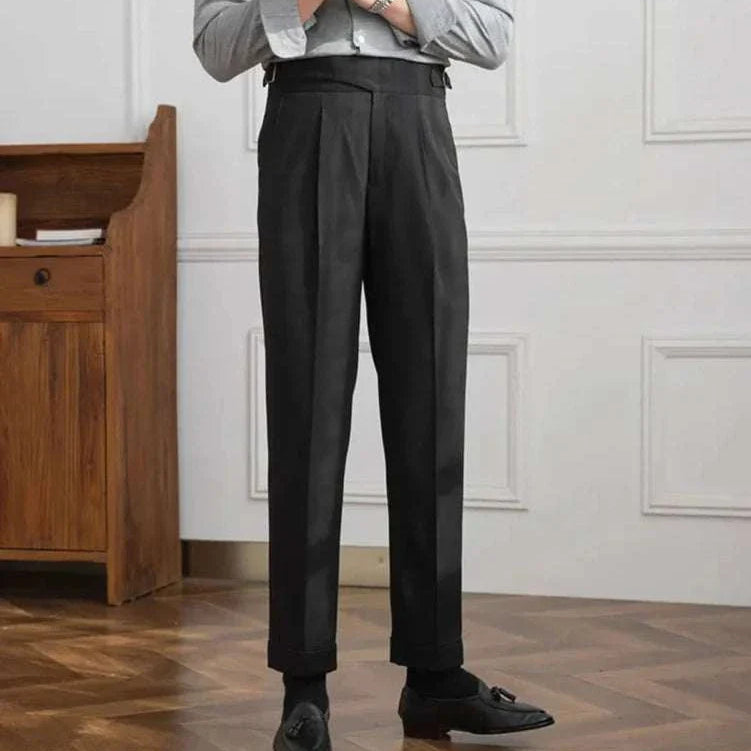 Autumn Italian high-waist trousers for men in solid black, casual and elegant style, made of polyester.