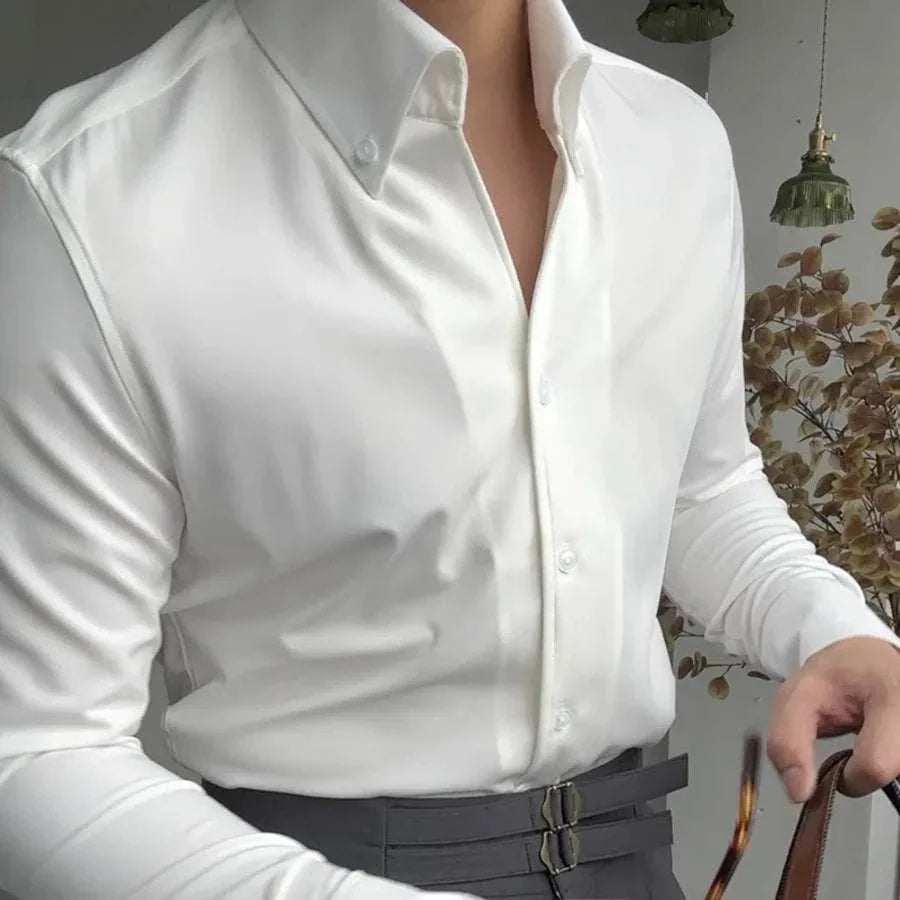Elegant men's white solid long sleeve shirt with button-up design.