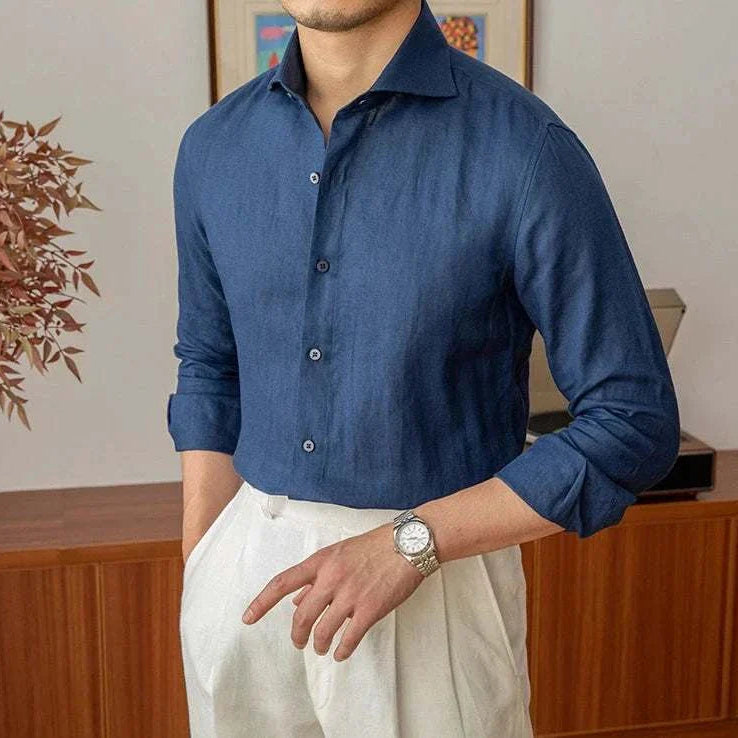 Lightweight linen long-sleeve shirt for men in navy, perfect for all seasons.