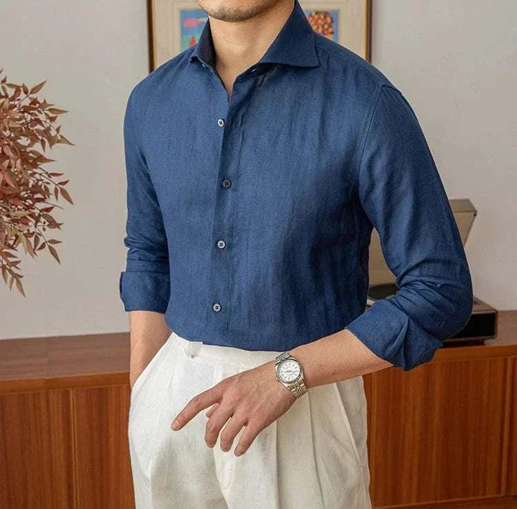 Lightweight linen long-sleeve shirt for men in navy, perfect for all seasons.