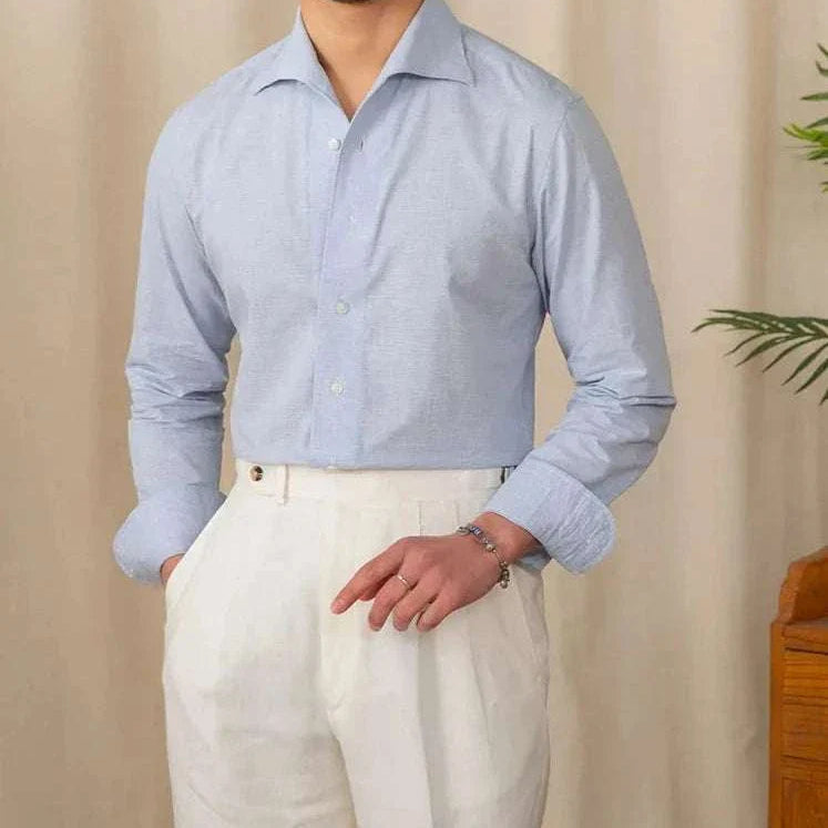 Men's piece collar casual long-sleeve shirt in light blue, perfect for all-season wear.