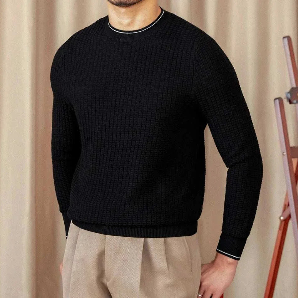 Men's black winter wool sweater, cozy and stylish for colder months.