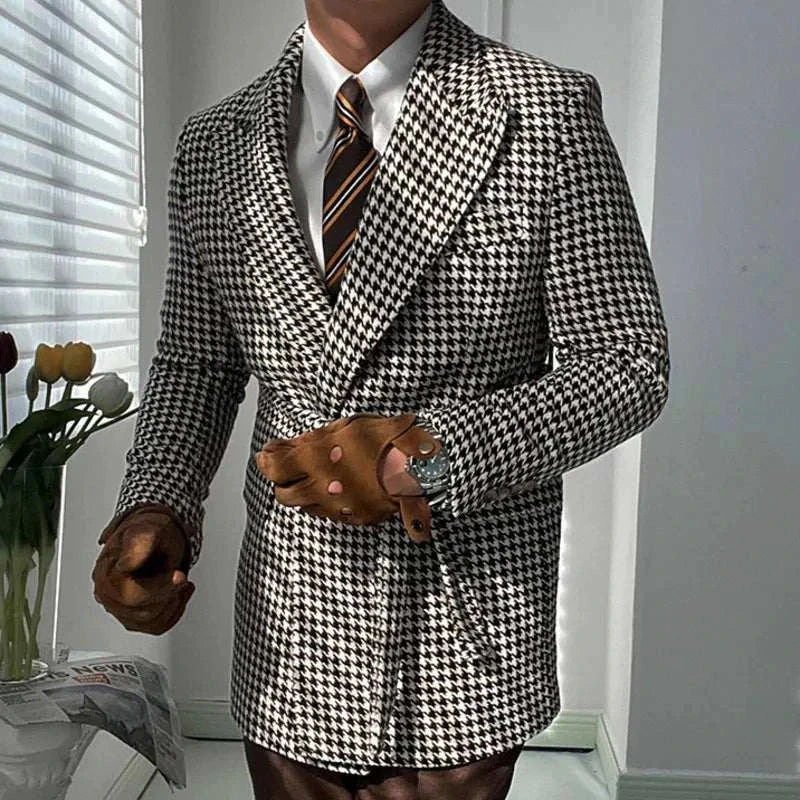 Houndstooth woolen retro suit blazer for men, casual and elegant style.