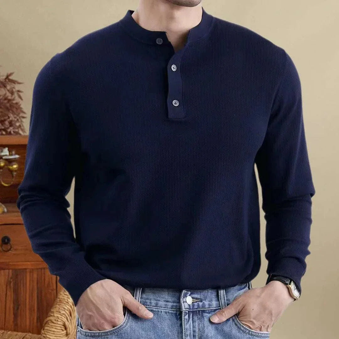 Smart casual old money sweater in navy blue with buttons, high-quality wool blend, perfect for men.