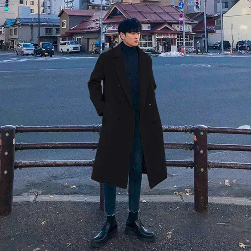 Woolen Korean long coat for men, perfect for autumn and winter.