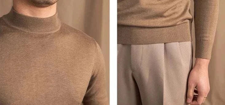 Antonios slim fit half-turtleneck sweater in wool, men's style, close-up.