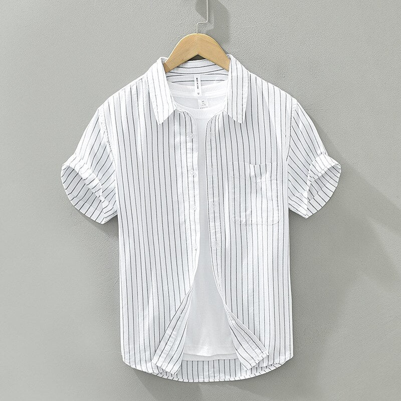 Antonios Green Striped Summer Shirt, breathable cotton-linen blend, smart casual.
