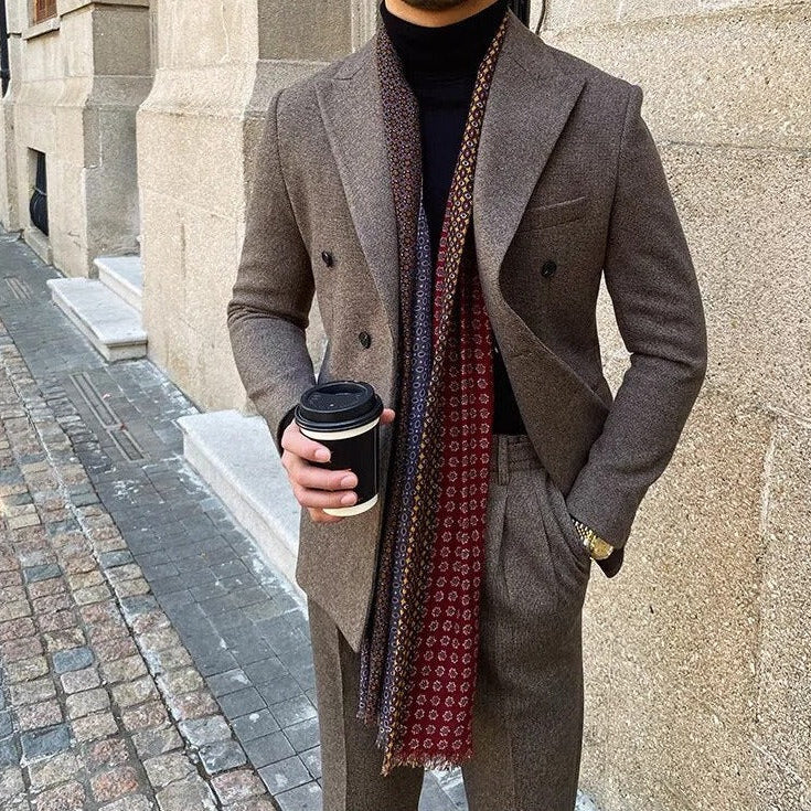 Office Double Breasted Suit on a stylish man with a coffee cup, featuring an elegant pattern and Italian style.