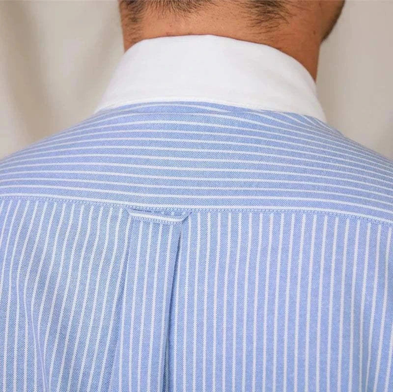 Back view of Antonios striped cotton business shirt with white collar.