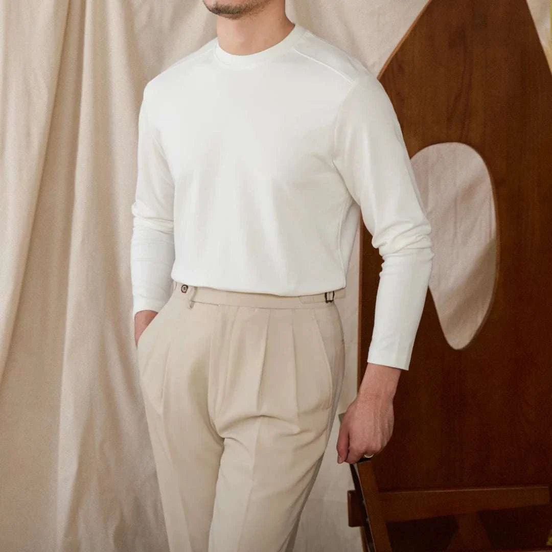 Slim fit smart casual premium sweater in white, crafted from polyester and wool blend for men.