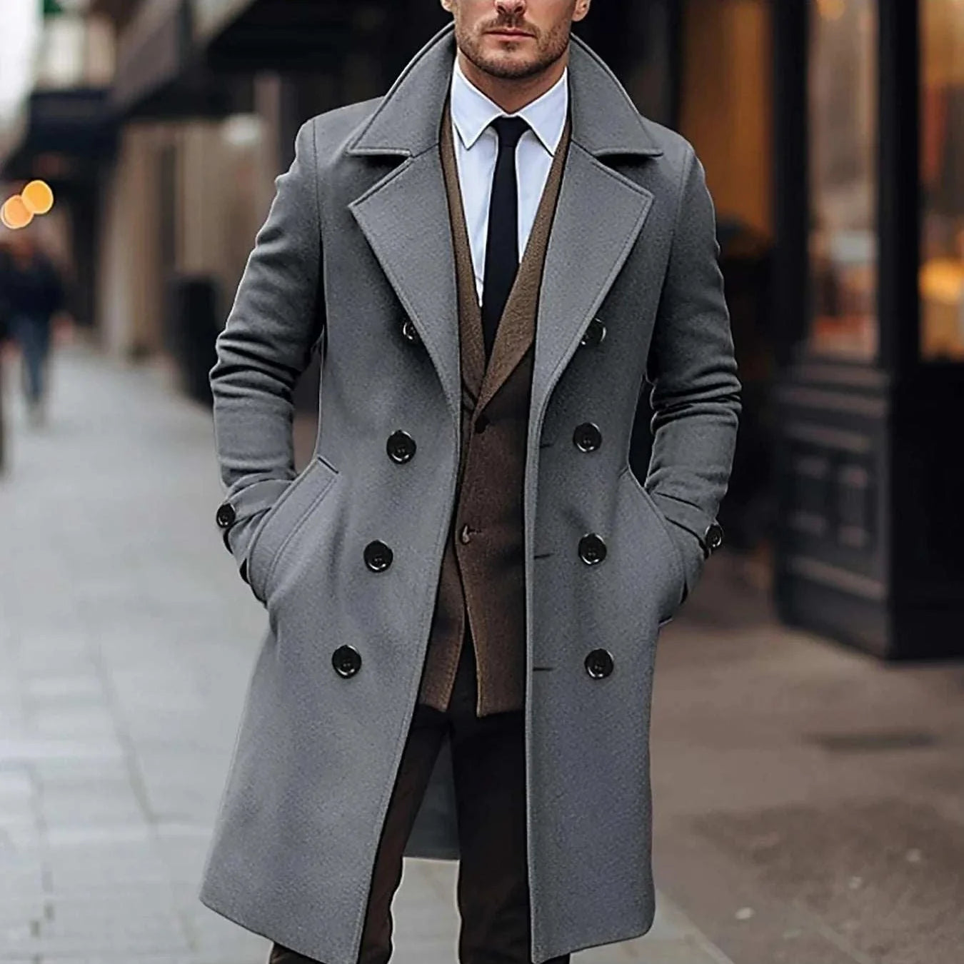Casual British long coat for men in classic style.