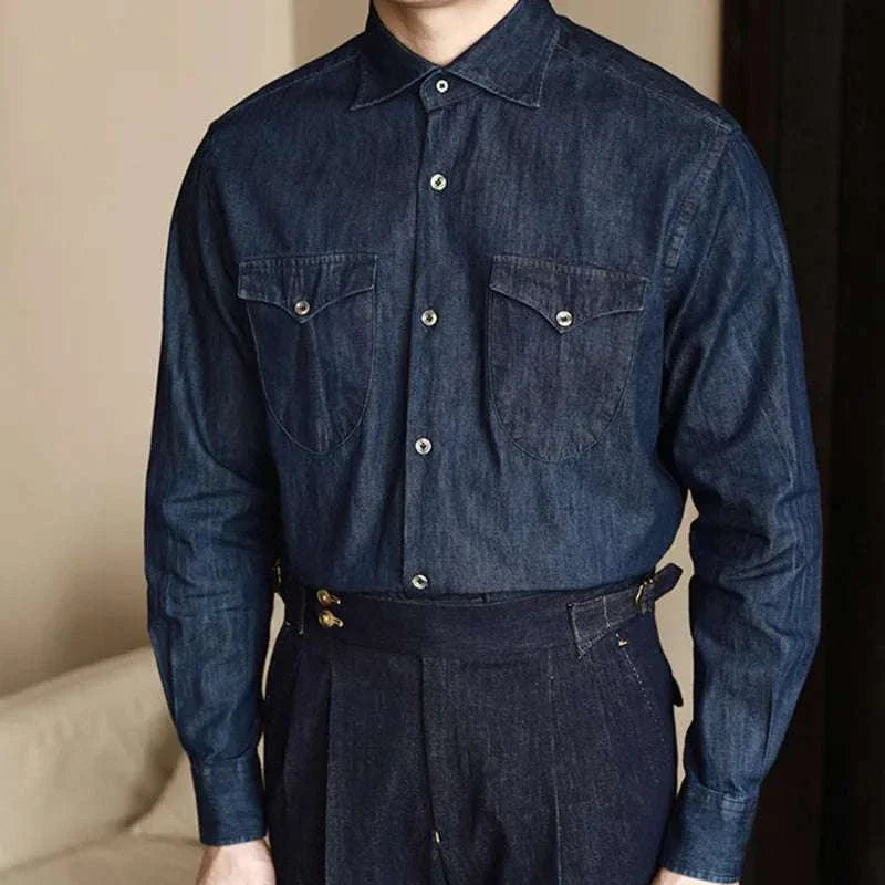 Office premium denim shirt for men featuring a classic collar, solid pattern, and crafted from soft cotton for comfort and style.