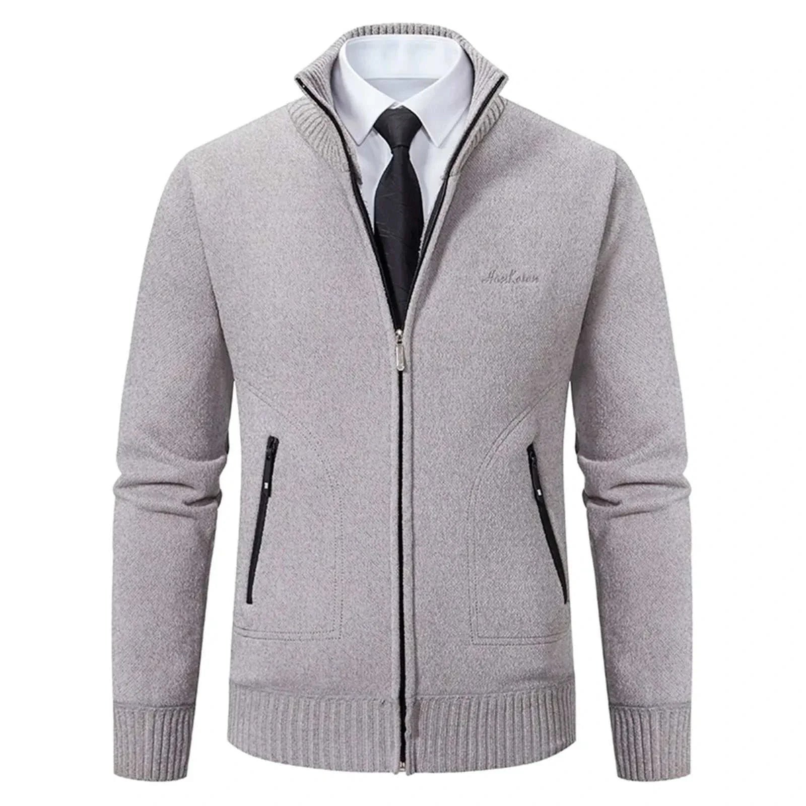 Stand collar sweater with zipper in gray, designed for men, perfect for autumn and winter.