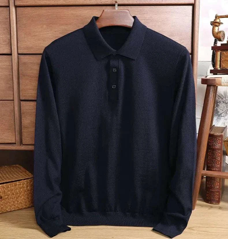 Antonios wool polo sweater for men in navy, made of 67% cotton and 33% wool, ideal for chilly weather.