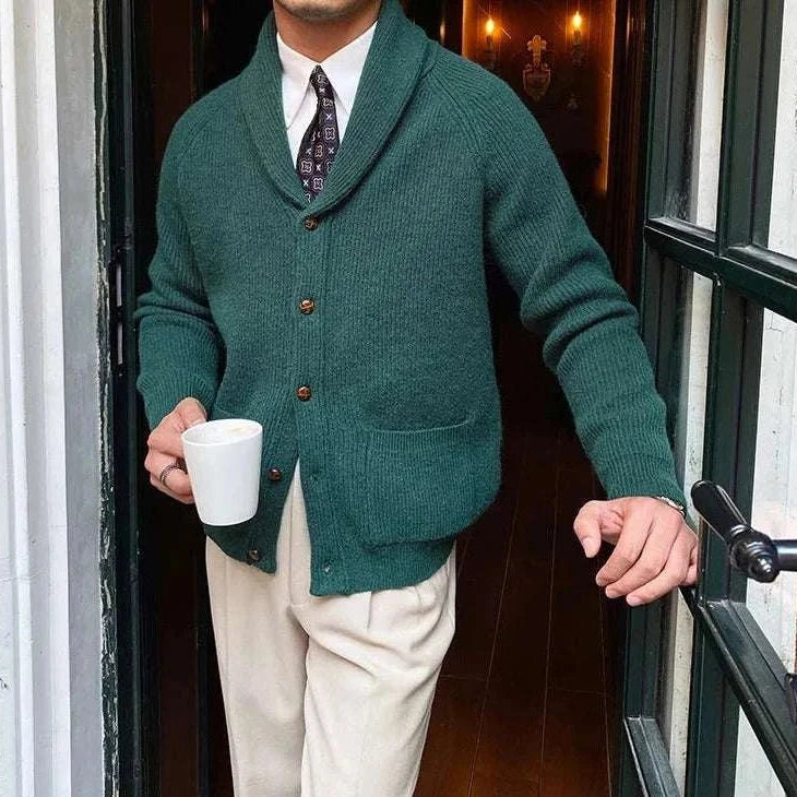 Men's Oxford premium cardigan in dark green, stylish casual wear with buttons, ideal for chilly weather.