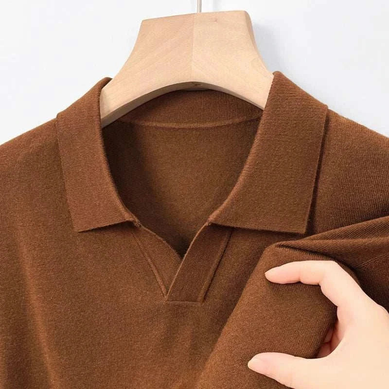 Antonios business polo premium sweater in brown wool-viscose blend fabric, close-up view.