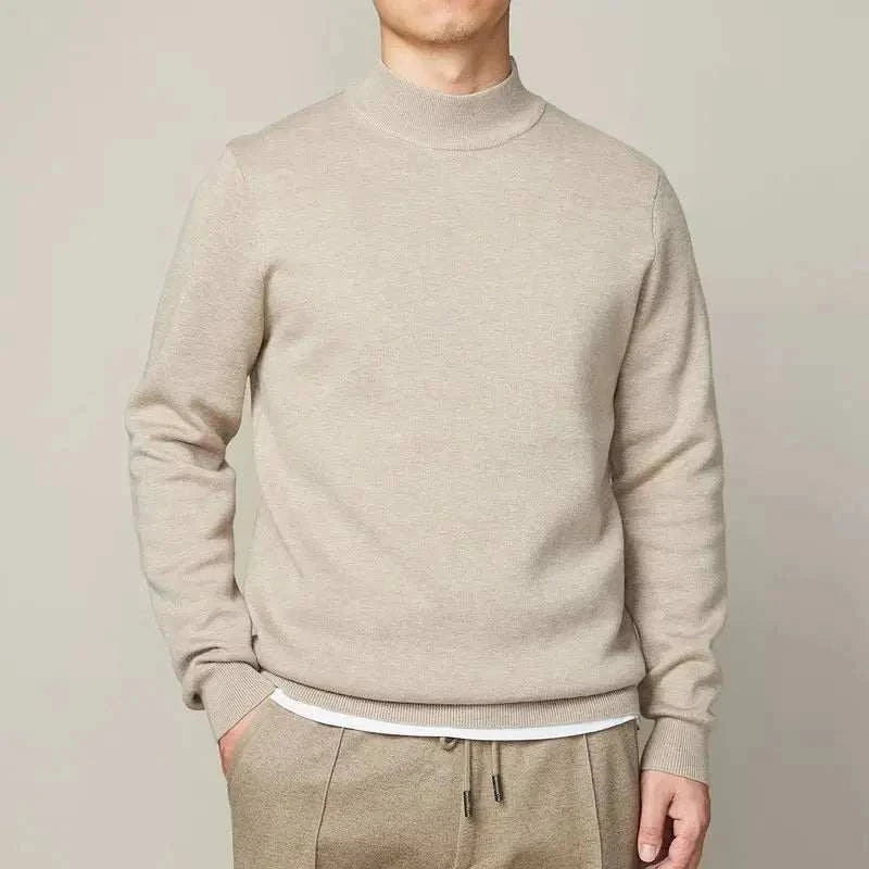 Men's winter half turtleneck sweater in beige, soft wool blend.