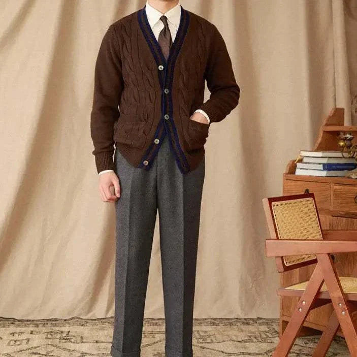 Antonios twisted knit cardigan in Italian vintage style for men, cozy wool fabric.