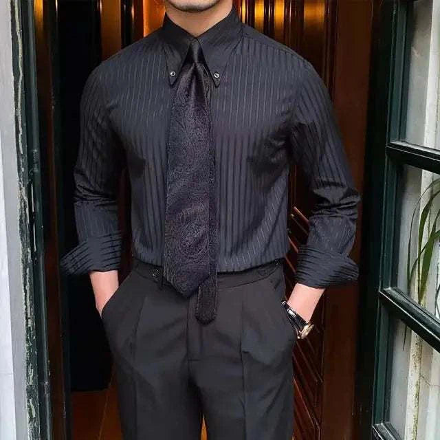 Striped spring gentleman English shirt in black, perfect for casual, elegant, or office wear.