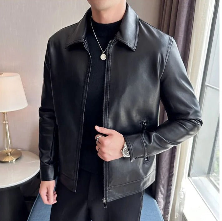 MOTO black leather jacket, eco-leather, men's casual wear, all-season, solid pattern.