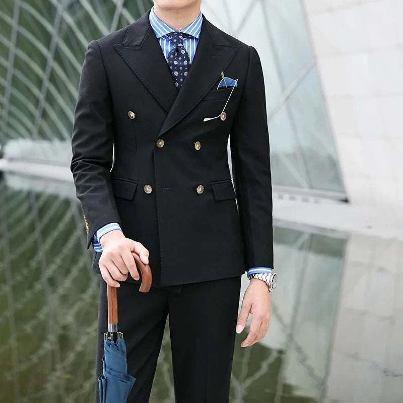 Mariage elegant suit in black with blue striped shirt and umbrella accessory.