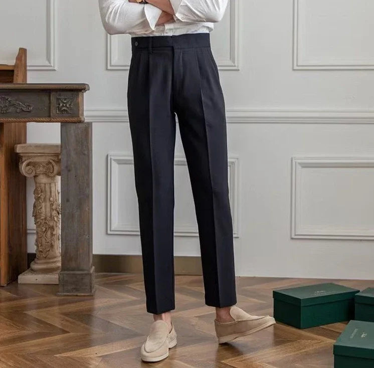 Antonios draped suit pants showcasing Korean-inspired elegance in a smart casual setting.