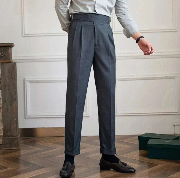 Parisian waist straight trousers for men, solid pattern, elegant style.