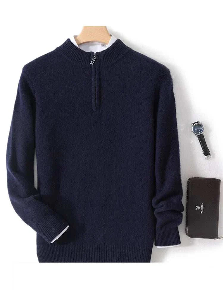 Luxury wool casual sweater for men with zip collar, elegant and cozy design.