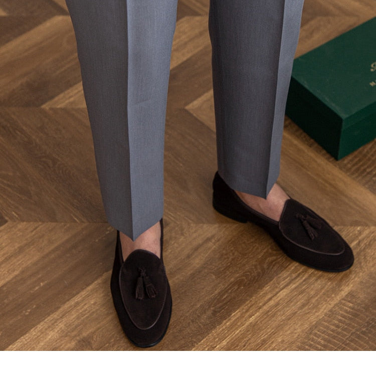 High Waist Business Trousers in light grey polyester fabric, showcasing timeless Old Money style with subtle taper and classic fit.