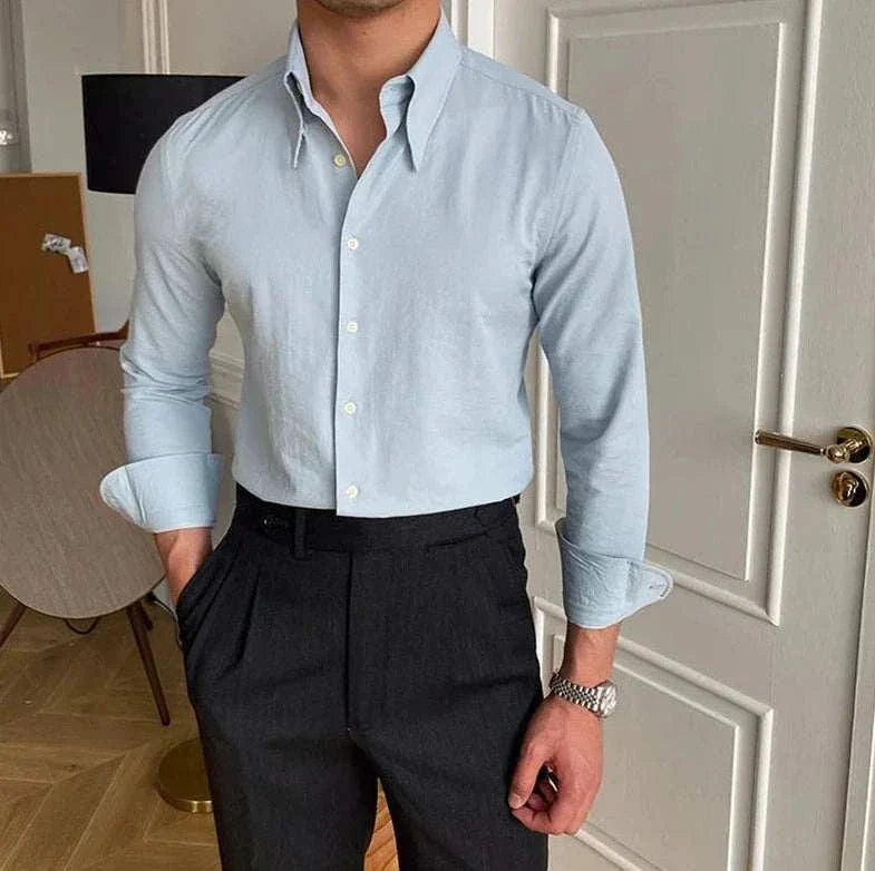 Business collar long sleeve shirt for men, elegant and comfortable, suitable for office and casual settings.